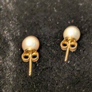 Classic Gold Tone Faux Pearl Stud Earrings – Pierced – Timeless Minimal Style